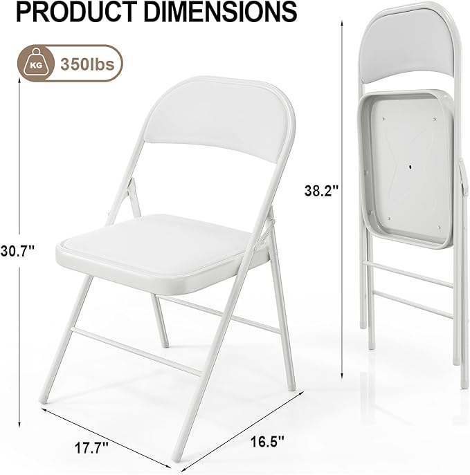VINGLI 10 Pack Folding Chairs with Padded Seats, Metal Frame with Pu Leather Seat & Back, Capacity 350 lbs, White VINGLI