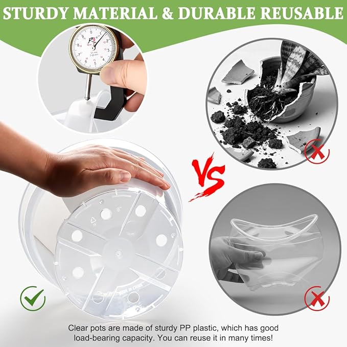 12 Pack 8 Inch Clear Plant Pots with Saucers, Transparent Plastic Nursery Pots with Drainage Hole, Sturdy Garden Planter Pots, Planting Starter Pots for Indoor Outdoor RooTrimmer