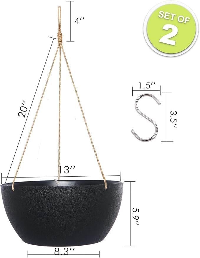 13 Inch 2 Pack Large Hanging Planters for Indoor Outdoor Plants, Plastic Hanging Basket Pots for House Plants Flowers, Black SwinDuck