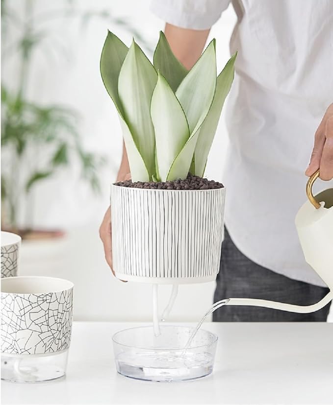 Self Watering Pots for Indoor Plants, Flower Pots, Self Watering Plant Pot-2pcs 4+5.3inch Black Stripes Etvski