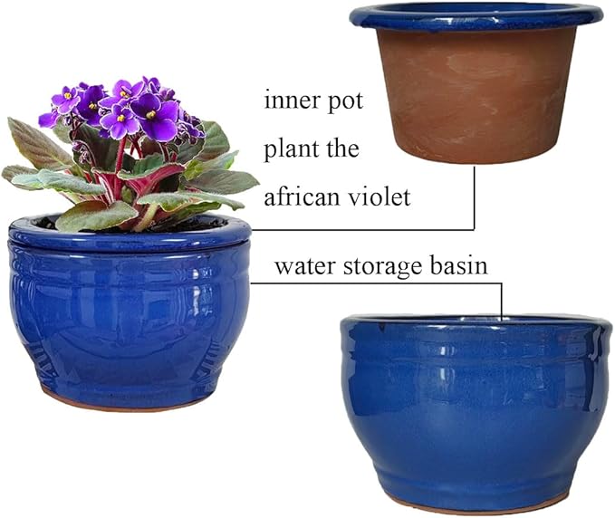 African Violet Pots Self Watering Round Ceramic Violet Pot (Blue, 6 inch) Dphagesy