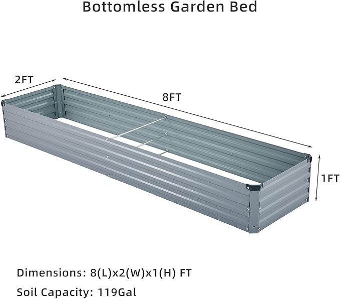 2 Pack 8x2x1FT Galvanized Raised Garden Bed Kit, Outdoor Metal Planter Box for Vegetables, Bottomless Rectangular Gardening Bed with Support Rods, Tool-Free Assembly, Gray Meberam