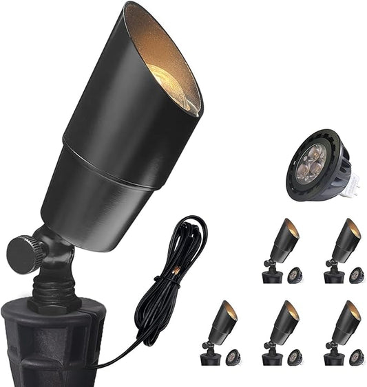 COLOER Brass Low Voltage Landscape Spotlight(Black) 6-Pack with 5W Aluminum Housing MR16 LED Bulb 2700K 450LM CRI85+,12V AC/DC Outdoor Uplighting, Directional Garden Patio Spot Up Light(101B-Black) COLOER