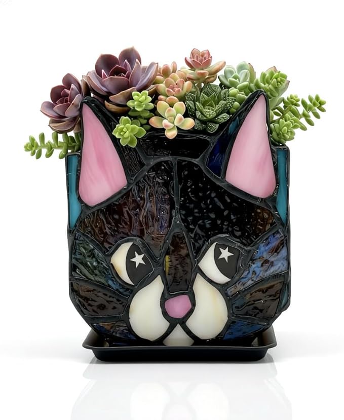 Star Black Cat Decorative Flower Pot, Handcrafted Ceramic Planter with Star Eyes, Modern Home Garden Decor Entlityful
