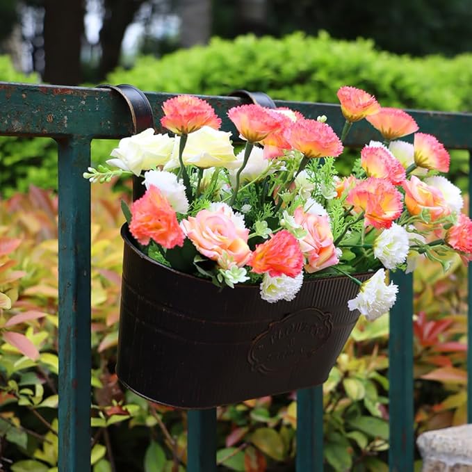3 Pack Metal Railing Planters, 10.5" Oval Hanging Flower Pots with Detachable Hooks & Drainage Holes, Fits Rails up to 2.36", Galvanized Iron Fence Bucket for Balcony Garden Patio - Letter Black MeltsetM