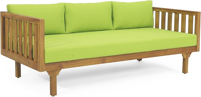 Merax Outdoor 3 Seater Daybed, Acacia Wood Day Bed Couch Sofa with Cushions for Patio Backyard, Garden, Green Merax