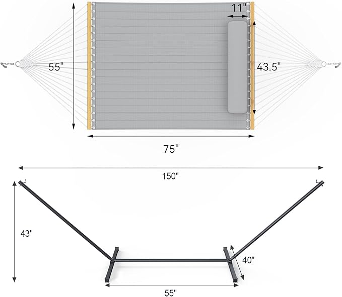 2 Person Outdoor Hammock with Stand, Cotton Rope Hammock with Polyester Pad, Adjustable Steel Frame, Portable with Carrying Bag – for Patio, Backyard, Garden, Beach,Dark-Gray Rootora