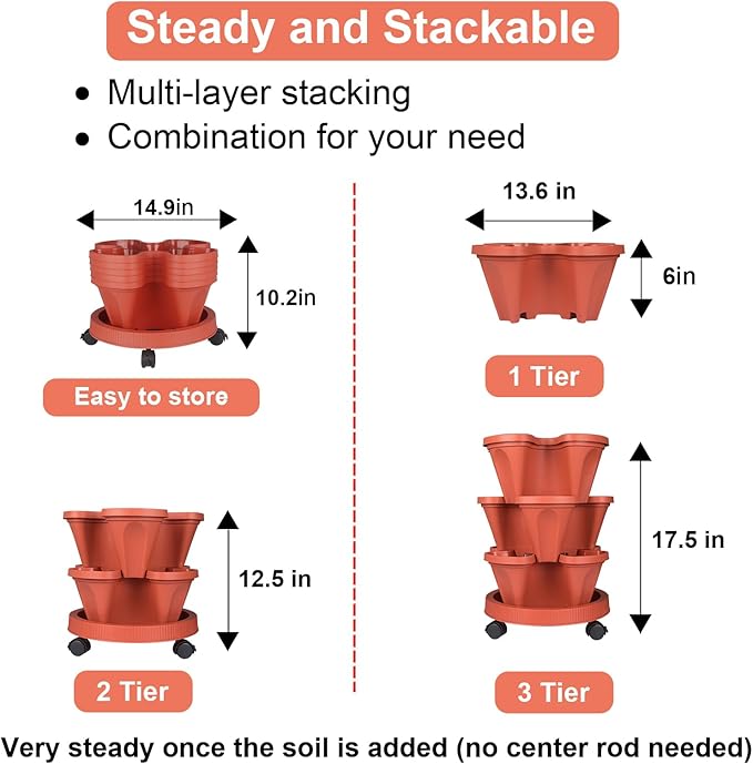 GameXcel Vertical Planter 3 Tier Stackable Planters Garden Planters Strawberry Herb Flower and Vegetable Planter Indoor Outdoor Gardening Pots with Removable Wheels and Tools GameXcel