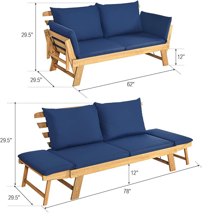 Tangkula Acacia Wood Patio Convertible Couch Sofa Bed with Adjustable Armrest, Outdoor Daybed with Cushion & Pillow, Turquoise & Navy Cushion Cover Sets, Folding Chaise Lounge Bench Ideal for Porch TANGKULA