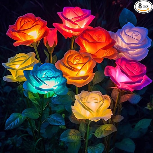8 Pack Solar Flowers Lights Outdoor Waterproof for Garden Decor, Solar Garden Lights for Outside, Outdoor Solar Lights for Yard with Solar Rose Lights, Yard Decorations BOMIERMakeYourHomeBetter