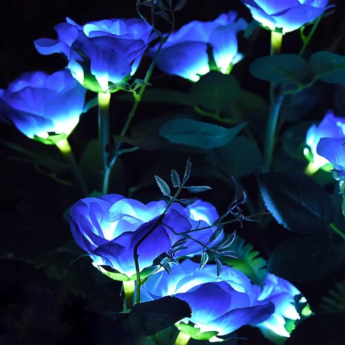 Outdoor Realistic Solar Powered Rose Flower Lights Stake,2 Pack 10 Rose Solar Garden Decorative Waterproof Lights for Backyard Patio Pathway Xmas Decoration-Blue GONIMY