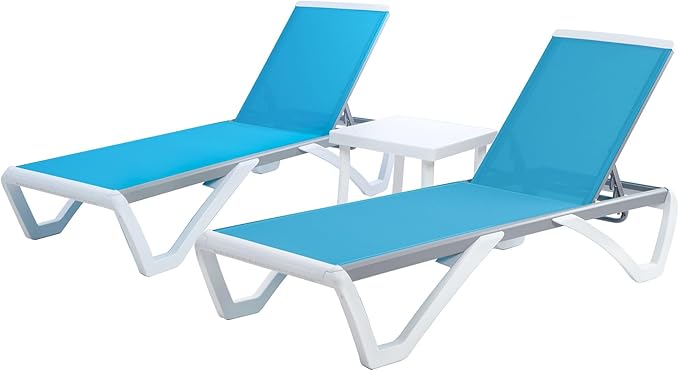 Kozyard Outdoor Chaise Lounge Chair, Full Flat Adjustable Patio Lounger with Aluminum Frame & Resin Legs, Textilene Fabric for Poolside, Backyard & Beach (Aqua/WhiteFrame, 2Chairs + Table) Kozyard