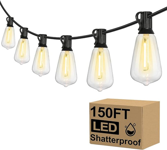 Brightever Outdoor String Lights 150FT, Patio Lights with 75+2 Dimmable ST38 Shatterproof LED Bulbs, Vintage Edison String Lights for Outside, Waterproof Bistro Lights for Halloween Backyard 2700K Brightever