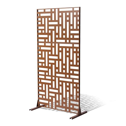 VEVOR Metal Privacy Screen, 47" W x 76" H, Outdoor Privacy Screens 3-Panel, Freestanding Outdoor Divider with Stand, Decorative Garden Steel Privacy Fence for Balcony Patio Indoor Room Hot Tub Brown VEVOR
