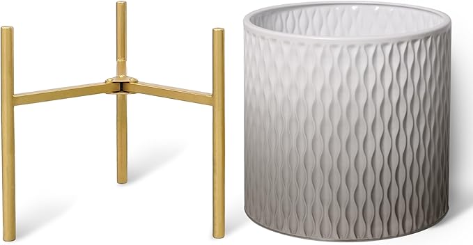 ARNIS Plants Pots with Stand,Set of 2 Flower Pots, Unique Mid Century Decorative Metal Flower Pots with Drainage,10.5&12.25 Inch, Grey and White ARNIS