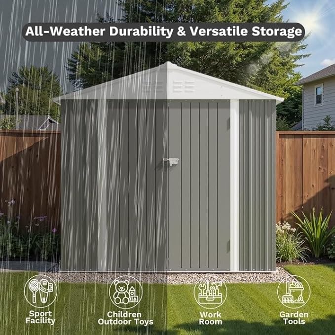 Greesum 8×6FT Outdoor Storage Shed, Metal Patio Storaged Sheds with Lockable Doors, Sheds & Outdoor Storage for Bike, Backyard, Pool and Garden, Gray BuynowfromGreesum