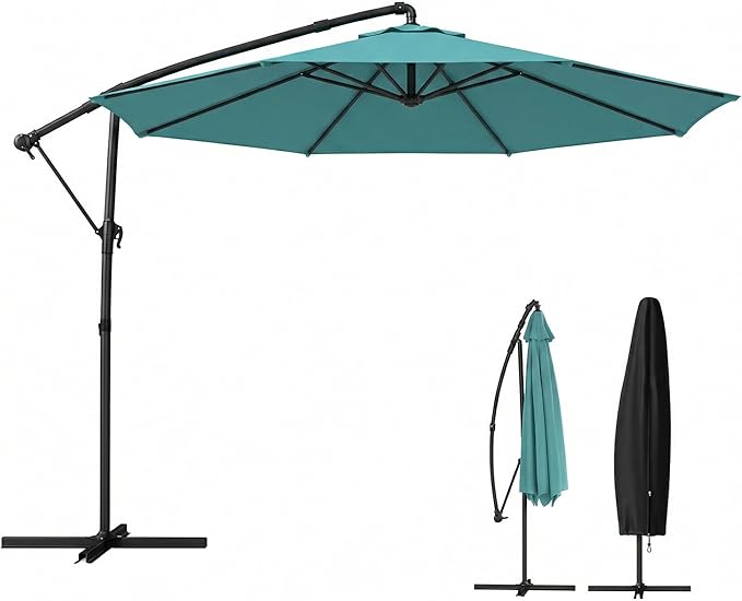 Outsunny 10 ft Offset Patio Umbrella with Cover, Round Hanging Cantilever Umbrella with 6-Position 360° Rotation, Crank Handle, Tilt, Cross Base, Heavy Duty Outdoor Umbrella for Garden Outsunny