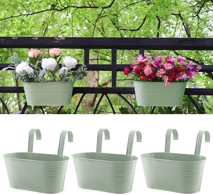 3 Pack Metal Railing Planters, 10.5" Oval Hanging Flower Pots with Detachable Hooks & Drainage Holes, Fits Rails up to 2.36", Galvanized Iron Fence Bucket for Balcony Garden Patio - Blue MeltsetM