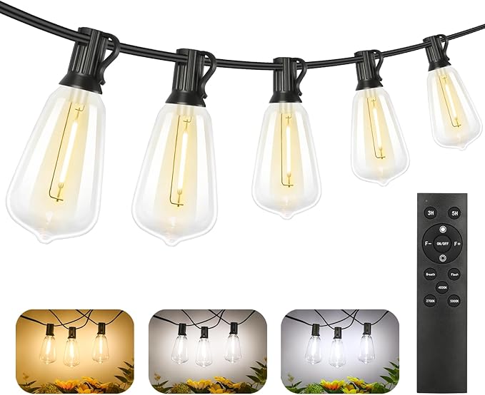 Brightever 150FT Outdoor Lights with Remote, 2700K/4000K/5000K Selectable LED String Lights for Outside with 75+2 ST38 Shatterproof Edison Bulbs, 3 Modes Dimmable Waterproof Hanging Lights for Patio Brightever