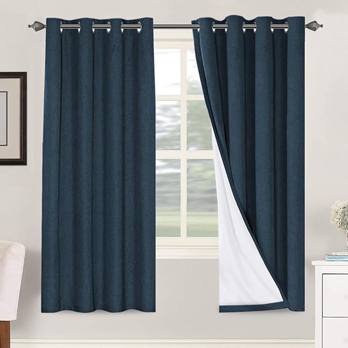 H.VERSAILTEX Linen Blackout Curtains 72 Inches Long 100% Absolutely Blackout Thermal Insulated Textured Linen Look Curtain Draperies Anti-Rust Grommet, Energy Saving with White Liner, 2 Panels, Navy HVERSAILTEX