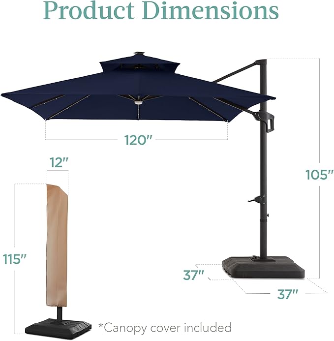 Best Choice Products 10x10ft Cantilever Patio Umbrella w/Base Included, Solar LED Lights 360 Rotation Large Offset Hanging Outdoor Shade for Deck Pool Backyard w/Stand – Navy Blue BestChoiceProducts