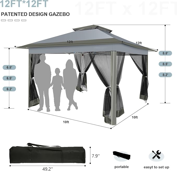 COBIZI 12x12 FT Pop up Gazebo on Clearance Outdoor pop up Canopy Tent,carpas para Patio, Shelter Tents with Sandbags & Portable Carry Bag, Patio Gazebos for Camping, Garden & Lawn, Darkgrey(Upgraded) COBIZI