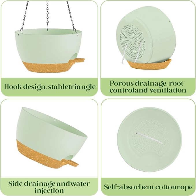 2 Pack 10 Inch Self Watering Hanging Planters for Indoor Plants, Large Green Brown Plastic Hanging Pots with Chains for Outdoor Patio Garden Home Decor (Green Brown) zople