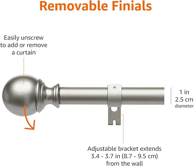 Amazon Basics Easy Installation Adjustable Curtain Rod for Windows with Round Finials, 1-Inch Rod, 72" to 144", Nickel, 2-Pack AmazonBasics
