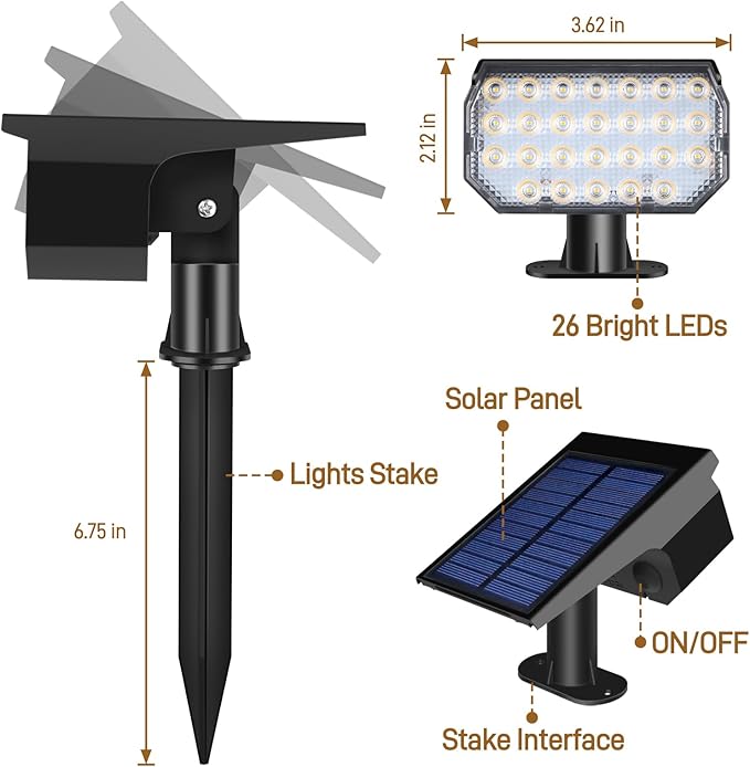 Solar Lights Outdoor Waterproof IP65, 7 Lighting Modes Color Changing 26 LED Solar Spot Lights Outdoor for Yard Garden Pathway Christmas Decor (Warm White, 2 Pack) Rootora