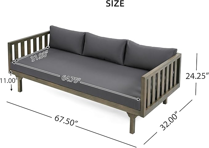 Merax Outdoor 3 Seater Daybed, Acacia Wood Day Bed Couch Sofa with Cushions for Patio Backyard, Garden, Dark Grey Merax