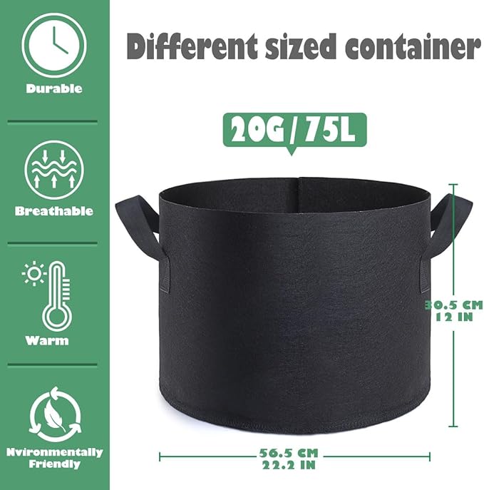 12 Pack 20 Gallon Grow Bags,Premium Fabric Pots 20 Gallon for Healthy Plant Growth - Durable and Reusable Garden Bags to Grow Vegetables,Fruits,and Flowers GROWTNTLLC