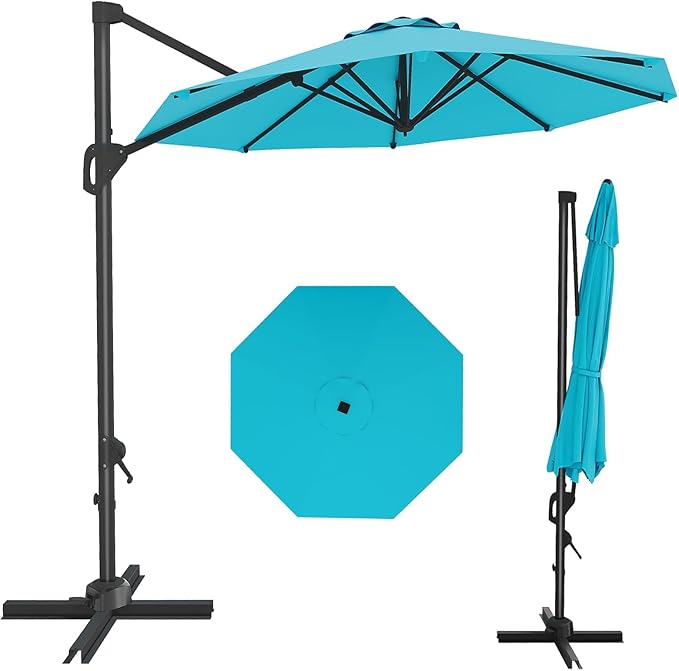 GarveeLife 10 ft Patio Umbrella Outdoor Large Cantilever Umbrella w/Base Included Market Sun Shade Windproof Offset Umbrella with 360-Degree Rotation for Garden Deck Pool Patio, Turquoise Blue GarveeLife