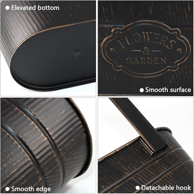 3 Pack Metal Railing Planters, 10.5" Oval Hanging Flower Pots with Detachable Hooks & Drainage Holes, Fits Rails up to 2.36", Galvanized Iron Fence Bucket for Balcony Garden Patio - Letter Black MeltsetM