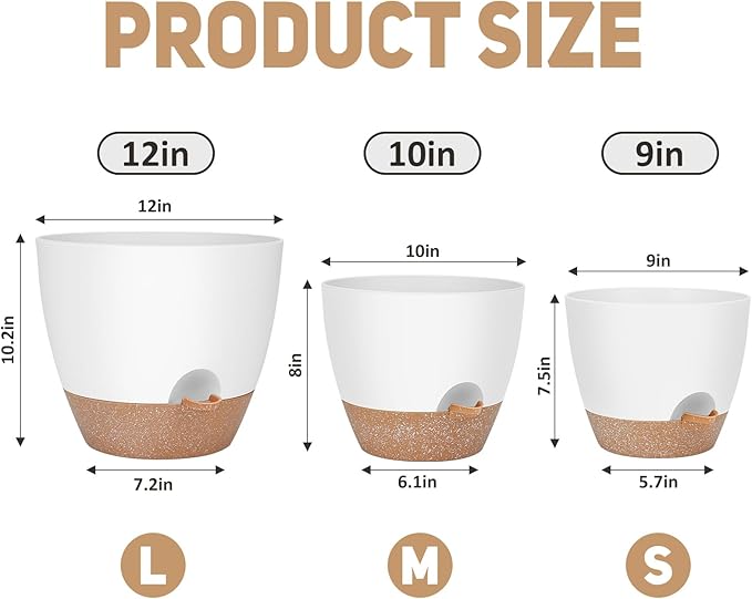 12" 10" 9" Large Self Watering Plant Pots, 3 Pack Flower Pots Planters with Multi Mesh Drainage Holes for Indoor Outdoor Garden Plants and Flowers AFamilyofGardenLovers