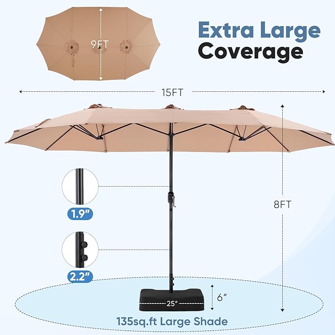 DUMOS 15FT Large Patio Umbrella with Base Included, Heavy Duty Extra Wide Outside Umbrella with 12 Ribbed Bars, Rectangle Outdoor Table Umbrella for Patio, Backyard, Pool, Deck & Garden,Khaki DumosLifestyle