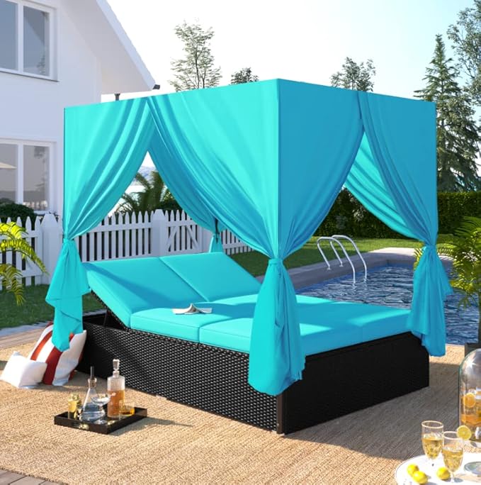 Patio Chaise Lounge, PE Rattan Outdoor Patio Wicker Sunbed Daybed with Adjustable Seats, Four-sided Canopy, Overhead Curtain and Blue Cushions for Backyard, Garden, Poolside (for 2-6 people) HarperBrightDesigns