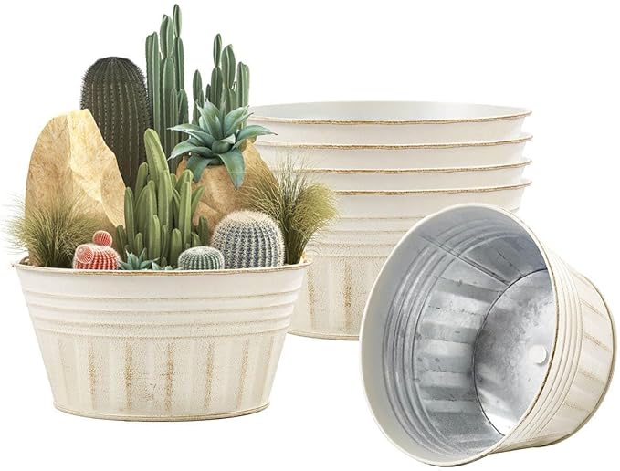 vensovo 10 Inches Beige Metal Rustic Plant Pots - 4 Pcs Large Shallow Galvanized Planters with Drain Hole and Rubber Plug, Rustproof Tin Bucket Succulent Pot Indoor Farmhouse Vintage Style for Decor vensovo