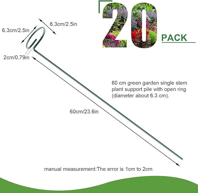 HiGift 20 Pack 24 Inch Plant Support Stakes, Single Stem Flower Support Stakes and Rings for The Garden, Metal Garden Stakes for Tall Plant Vegetables Amaryllis Orchid Lily Sunflower Rose Narcissus HiGift