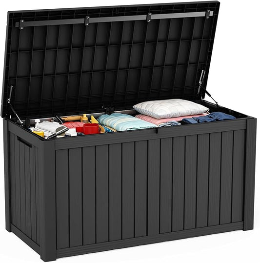 EasyUp 180 Gallon Outdoor Storage Box, Resin Waterproof UV-Resistant Deck Box with Hydraulic Lid Support, Reinforced Stability for Patio, Garden, and Poolside, Black EASYUP