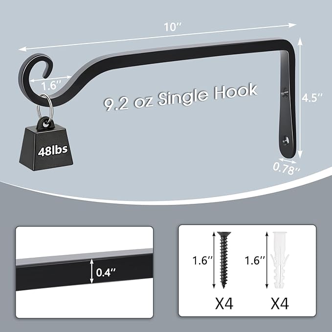 Gtongoko 2 Pack 10 Inch Metal Plant Hangers Wall Hooks for Hanging Plant Brackets, Outdoor Hooks for Hanging Bird Feeders, Flower Baskets, Lanterns, Wind Chinme, Solar Lamps Gtongoko