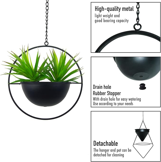 Metal Hanging Planters, Modern Plant Hanger with Pots, Set of 2 Black Plant Holders in Diamond and Round Shape, Small Wall and Ceiling Planter for Indoor Plants, Home Décor- Black HemePaha