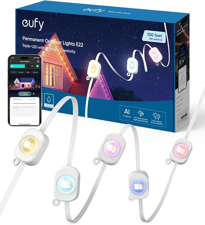 eufy Permanent Outdoor Lights E22, 50ft with 30 Triple-LED Lights, Smart RGBWW for Christmas, Daily and Holiday, Up to IP67 Waterproof, AI Light Themes for Christmas Decorations, Works with eufy Cams eufy