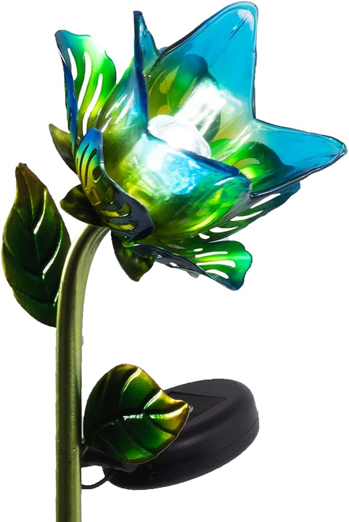 Crosslight Glass Flower Solar LED Waterproof Outdoor Garden Stake - Decorative Electronic Light Garden Decor for Yard, Lawn, Patio, Deck, Pathway, Pond, Backyard (Blue) Crosslight