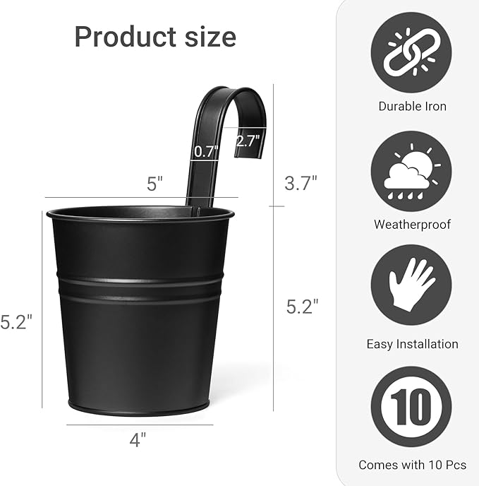 Dahey 10 Pcs Hanging Flower Pots Metal Iron Bucket Outdoor Planter for Railing Fence Balcony Garden Home Decoration Flower Holders with Detachable Hooks, Black, 5 Inches Dahey