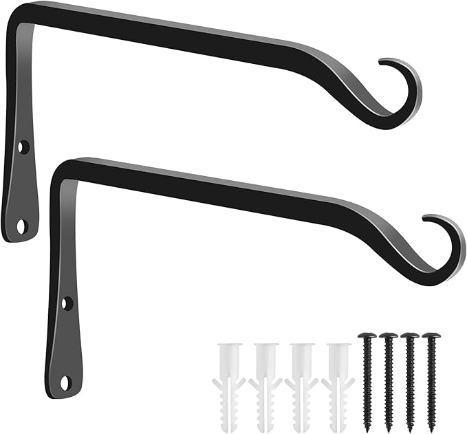 FEED GARDEN 2 Pack 8 Inch Hanging Plant Bracket Wall Hooks Decorative Plant Hangers for Outdoor Hanging Bird Feeders, Wind Chimes, Plant Baskets, Black FEEDGARDEN