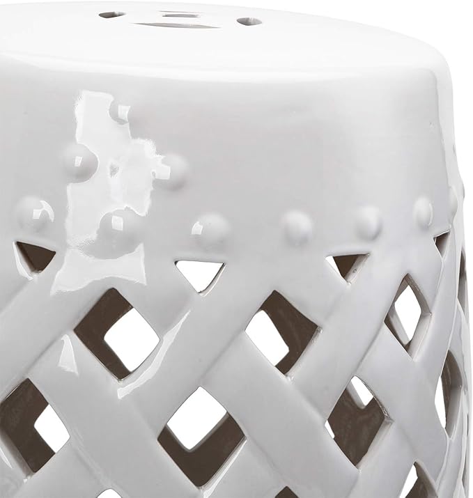 Outsunny 13" x 18" Ceramic Garden Stool with Woven Lattice Design & Glazed Strong Materials Decorative Outdoor Stool, White Outsunny