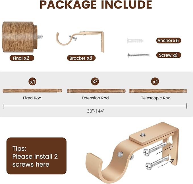 1” Diameter Curtain Rods Itself is 30 to 144 inch 1 Pack Fit 30-142 inch, 66 to 120 inch Window with Heavy Duty Adjustable Rod Matte Wood Grain Splicing Metal Extra Long Curtain Rod for Windows Rootora