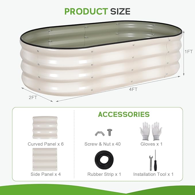 Galvanized Raised Garden Bed Outdoor - 4×2×1ft Planter Raised Beds for Gardening | Oval Metal Garden Planter Box with Safety Edging and Gloves for Vegetables Fruits and Flowers - White BIRDSINYARD