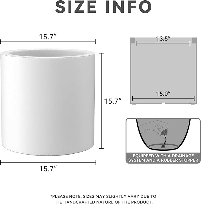 Kante 15.7" Dia Round Concrete Planter, Modern Style Large Cylindrical Plant Pot with Drainage Hole and Rubber Plug for Indoor Outdoor Patio, White Kante