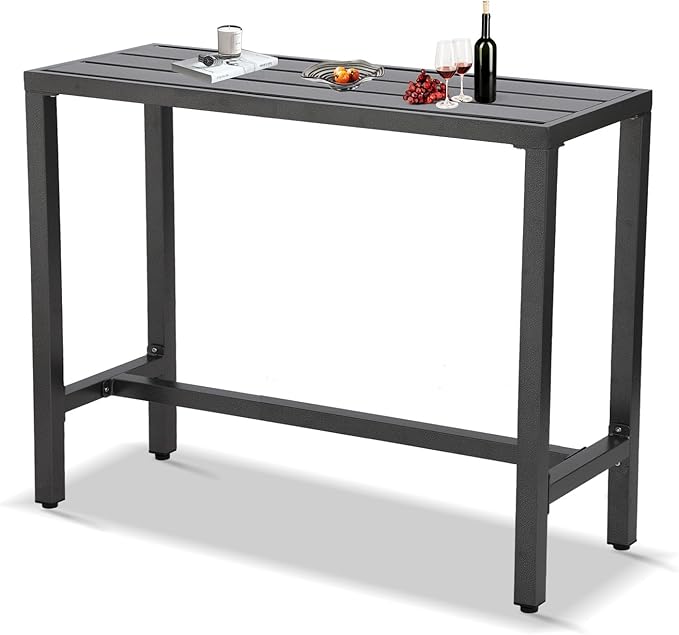Outdoor Bar Table, Patio Console Pub Height Tables with Powder Coated Steel Frame, Weather Resistant Waterproof Top for Hot Tub, Balcony, Garden, Yard, Poolside (Grey, 55" Bar Table) Sumshadow